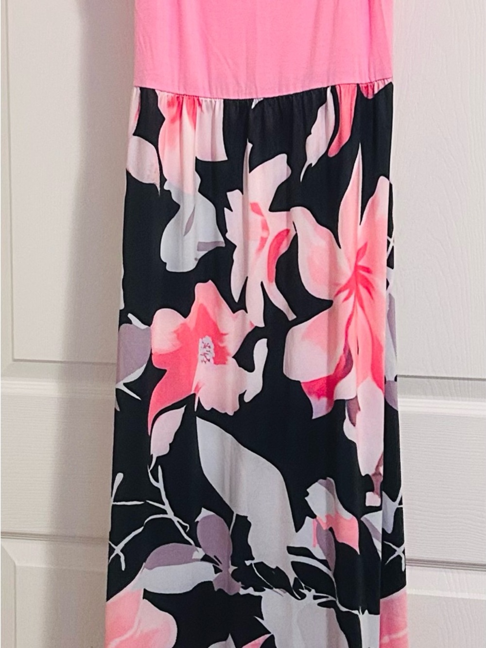 Floral Pink and Black Maxi Skirt with Elastic Waist